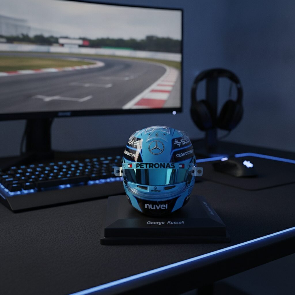 Casque F1 George Russell Mercedes GP d’Abu Dhabi 2024 & 2025 – 1:5 19 Casque F1 George Russell Mercedes GP d’Abu Dhabi 2024 & 2025 – 1:5